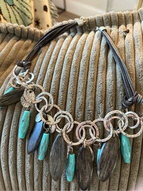 Turquise colored and wood beads hammered silver leather strap statement necklace